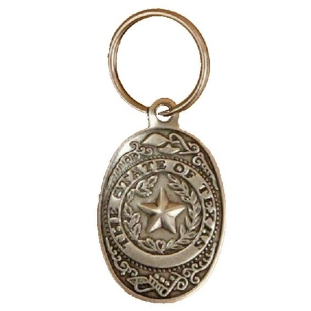 Silver Embossed Repousse State of Texas Star Seal Oval Western Key Ring